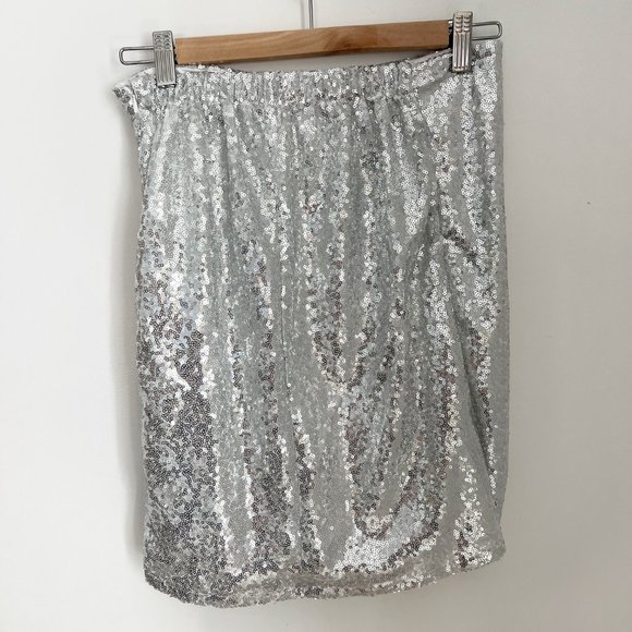 Ruched Tulip Hem Sequin Mini Skirt Silver Size Medium - Picture 8 of 11